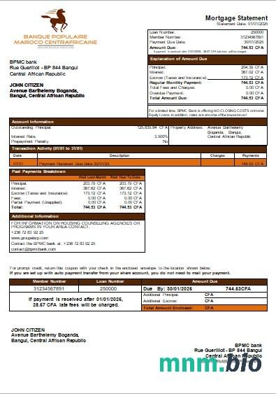 Republika Środkowoafrykańska Bank BPMC wyciąg z kredytu hipotecznego szablon Word i PDF
